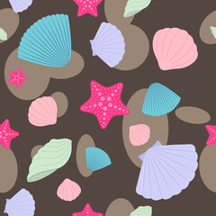 Patern set of shells on a brown background. Color illustration of a starfish and shells.