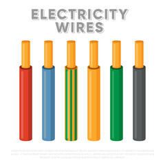 Electricity wires. Single core industrial cables set. Multicolored power cables in insulation vector illustration. Electric wires for telecommunication and power industry. Examples of flexible cables
