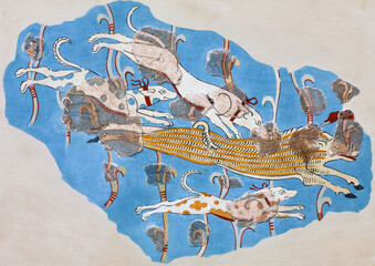 Ancient Mycenaean fresco wall painting of a Wild Boar Hunt from the Tiryns palace in Argolis, Greece