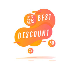 Best discount label. Up to 75% off market badge design. Retail tag in liquid style isolated on white background. Seasonal shopping and sale advertising vector illustration in orange gradient colors.