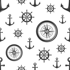 Nautical seamless pattern with black helms, anchors and compass on white.