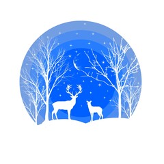 illustration of deer and trees on a blue sunset background