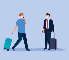 men with medical masks and bags design, Cancelled flights travel and airport theme Vector illustration