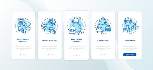Sharing economy onboarding mobile app page screen with concepts. Peer to peer business models walkthrough five steps graphic instructions. UI vector template with RGB color illustrations