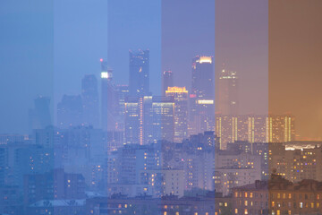 Time-lapse collage of slices of different times. Lighting of the city at different times of the day. Business Center Moscow City. Moscow. Russia. 