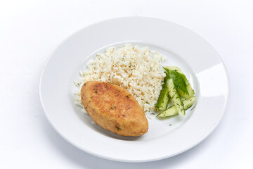 cutlet with rice and cucumber
