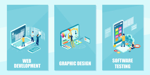Vector of an IT team and graphic designer developing website, programming,coding fixing bugs and testing mobile apps © Feodora