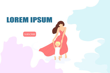 Vector of a young mother teaching her child to walk.