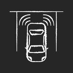 Parking sensors chalk white icon on black background. Smart driver assistance, automotive technology, driving safety. Modern automobile with proximity sensors isolated vector chalkboard illustration