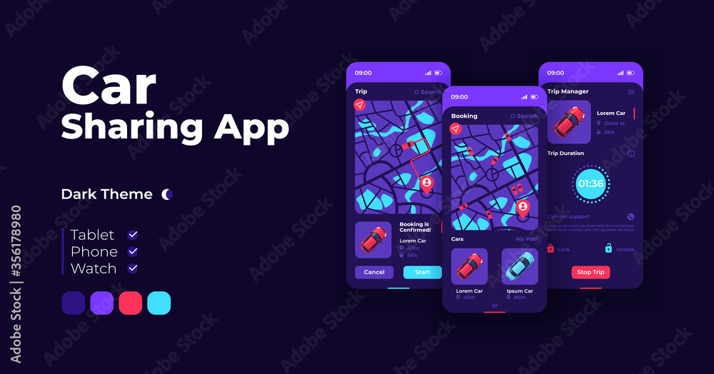 Wall mural car sharing cartoon smartphone interface vector templates set. mobile app screen page night mode des