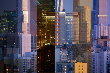 Time-lapse collage of slices of different times. Lighting of the city at different times of the day. Business Center Moscow City. Moscow. Russia. 