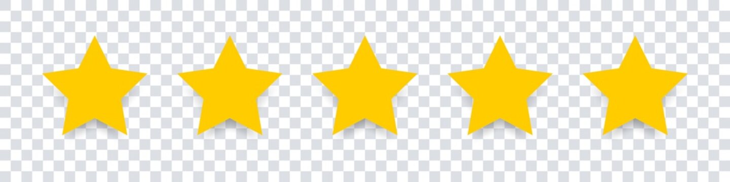 Star icon. Vector yellow isolated five stars. Customer feedback concept. Vector 5 stars rating review. Quality shape design.