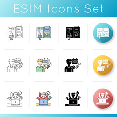 Promotion campaign icons set. Advertorial press release. Event management. Multi tasking employee. Appointment planning. Linear, black and RGB color styles. Isolated vector illustrations