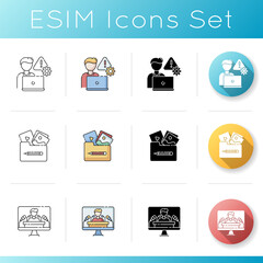 Management icons set. Crisis management. Portfolio with image and photo. Press conference. PR campaign. Corporate employee. Linear, black and RGB color styles. Isolated vector illustrations