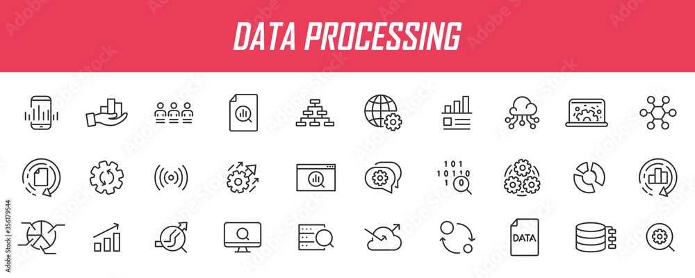 Poster Set of linear data processing icons. Analysis icons in simple design. Vector illustration