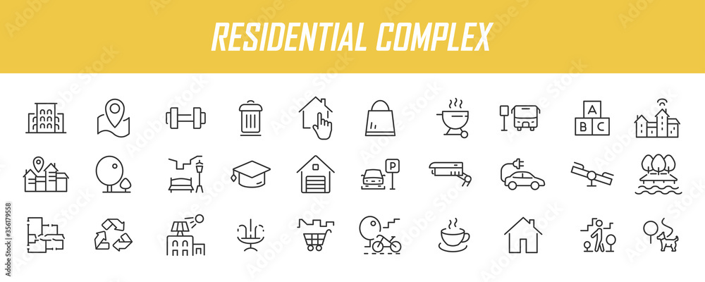Poster Set of linear residential complex icons. Infrastructure icons in simple design. Vector illustration