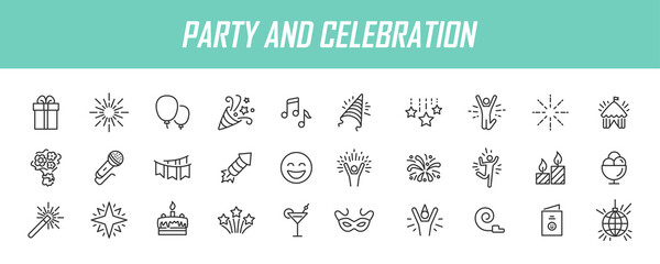 Set of linear party icons. Celebration icons in simple design. Vector illustration