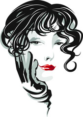 Vector sketch of glamour thoughtful woman with black curly hair and red lips , wearing gray glove. Isolated on white element for beauty , hairstyle or fashion design