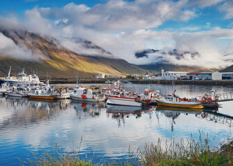 Bolungarvik, Iceland / Iceland - september 2018: Fishing boats in the harbor of Bolungarvik, Iceland.