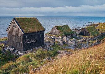 Old fishing huts on the shore. Roofs overgrown with moss. Iceland.