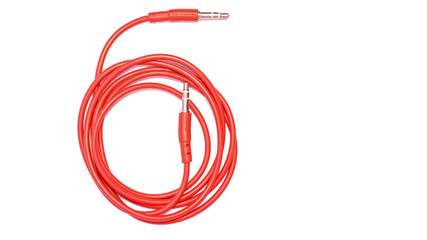 Orange audio stereo cable 3.5 mm universal. Isolated white background. Copy space for text.