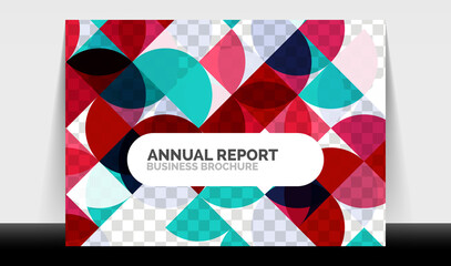 Horizontal A4 business flyer annual report template, circles and triangle style shapes modern geometric design for brochure layout, magazine or booklet