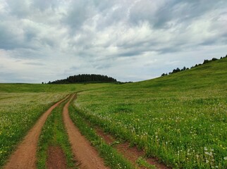 Fototapeta na wymiar country road in a field near a hillside against a gray and gloomy cloudy sky