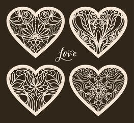 Set of 4 Valentine card or Wedding Invitation with lace pattern. Layout congratulatory card with carved openwork pattern. Pattern suitable for laser cutting, plotter cutting or printing - obrazy, fototapety, plakaty