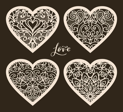 Set of 4 Valentine card or Wedding Invitation with lace pattern. Layout congratulatory card with carved openwork pattern. Pattern suitable for laser cutting, plotter cutting or printing