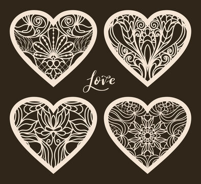 Set of 4 Valentine card or Wedding Invitation with lace pattern. Layout congratulatory card with carved openwork pattern. Pattern suitable for laser cutting, plotter cutting or printing