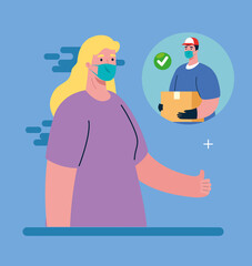 man and woman client with mask and box design, Safe delivery logistics and transportation theme Vector illustration