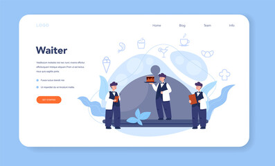 Waiter web banner or landing page set. Restaurant staff
