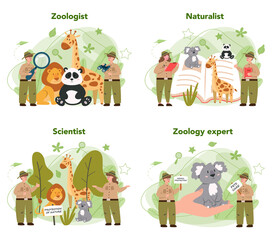 Zoologist concept set. Scientist exploring and studying fauna. Wild animal