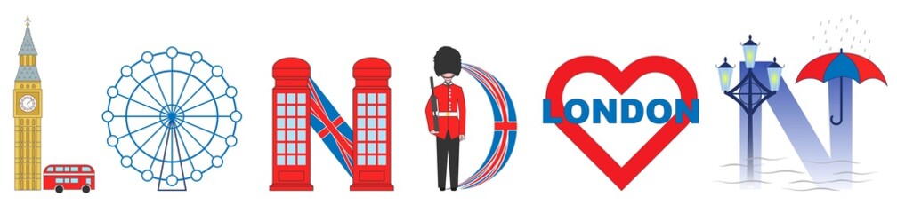 Vector banner of London word with city landmarks and symbols, big ben, london eye, phone booth, royal guard, lamp post, umbrella, brittish flag. Lettering London doodle illustration.