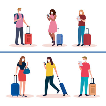 people with medical masks and bags design, Cancelled flights travel and airport theme Vector illustration