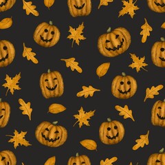 seamless pattern with pumpkins and autumn leaves. illustration with halloween elements. pumpkins with cheerful faces.