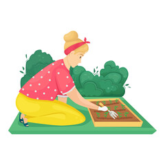 The girl is sitting on her knees and loosening a bed of plantings. Vector illustration. Seedling planting season. Subsistence farming.