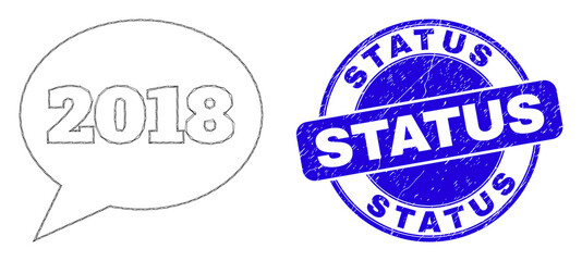Web mesh 2018 message balloon icon and Status seal stamp. Blue vector rounded grunge seal stamp with Status phrase. Abstract frame mesh polygonal model created from 2018 message balloon pictogram.