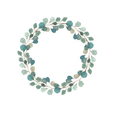 Watercolor green round eucalyptus wreath perfect for cards, wedding invitation, posters, save the date or greeting design. Hand painted floral round frame isolated on white background.