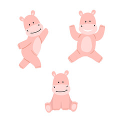Obraz na płótnie Canvas Set with funny pink hippos. Cute animals in different poses. For clipart, postcards, and kids design. Cartoon vector illustration.
