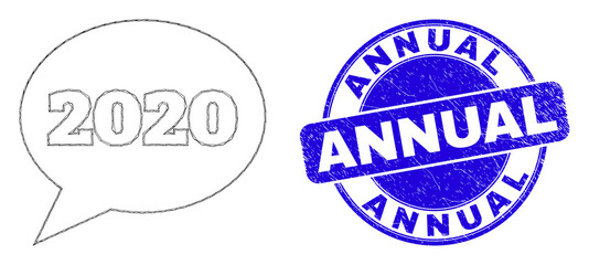 Obraz premium Web carcass 2020 message balloon icon and Annual seal stamp. Blue vector round scratched seal with Annual text. Abstract carcass mesh polygonal model created from 2020 message balloon icon.