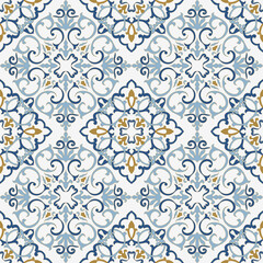 Seamless Damask pattern. Majolica pottery tile, blue, white and gold azulejo, original traditional Portuguese and Spain decor. Seamless pattern with Victorian motives. Vector illustration.