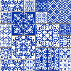 Seamless patchwork tile with Victorian motives. Majolica pottery tile, blue and white azulejo, original traditional Portuguese and Spain decor.  Vector illustration.