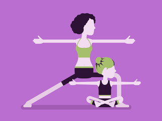 Yogi family, mother and daughter in sport wear practicing yoga together, mom with kid doing Warrior pose, Virabhadrasana 2 exercise, parent, child healthy hobby. Vector creative stylized illustration