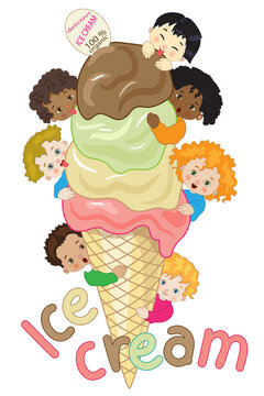 Large ice cream cone with many happy children around it