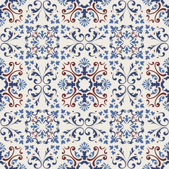Seamless Damask pattern. Majolica pottery tile, blue, brown and gray azulejo, original traditional Portuguese and Spain decor. Seamless pattern with Victorian motives. Vector illustration.