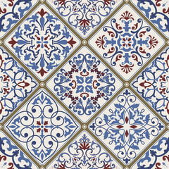 Seamless colorful patchwork tile with Islam, Arabic, Indian, ottoman motifs. Majolica pottery tile. Portuguese and Spain decor. Ceramic tile in talavera style. Vector illustration