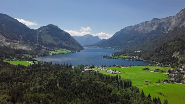 Flight over of Grundlsee lake in Salzkammergut, Styria, Austria