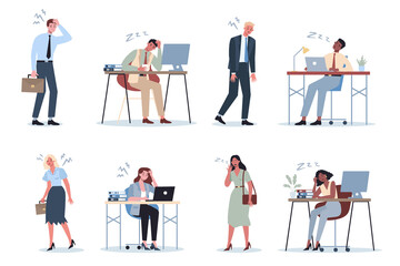 Exhausted business man and woman set. Business people with lack of energy