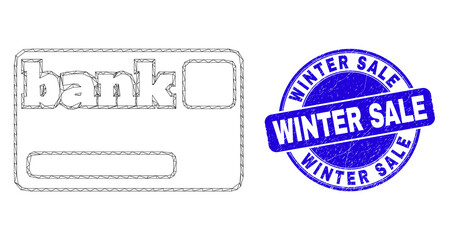 Web mesh bank card icon and Winter Sale watermark. Blue vector round textured seal with Winter Sale phrase. Abstract carcass mesh polygonal model created from bank card icon.